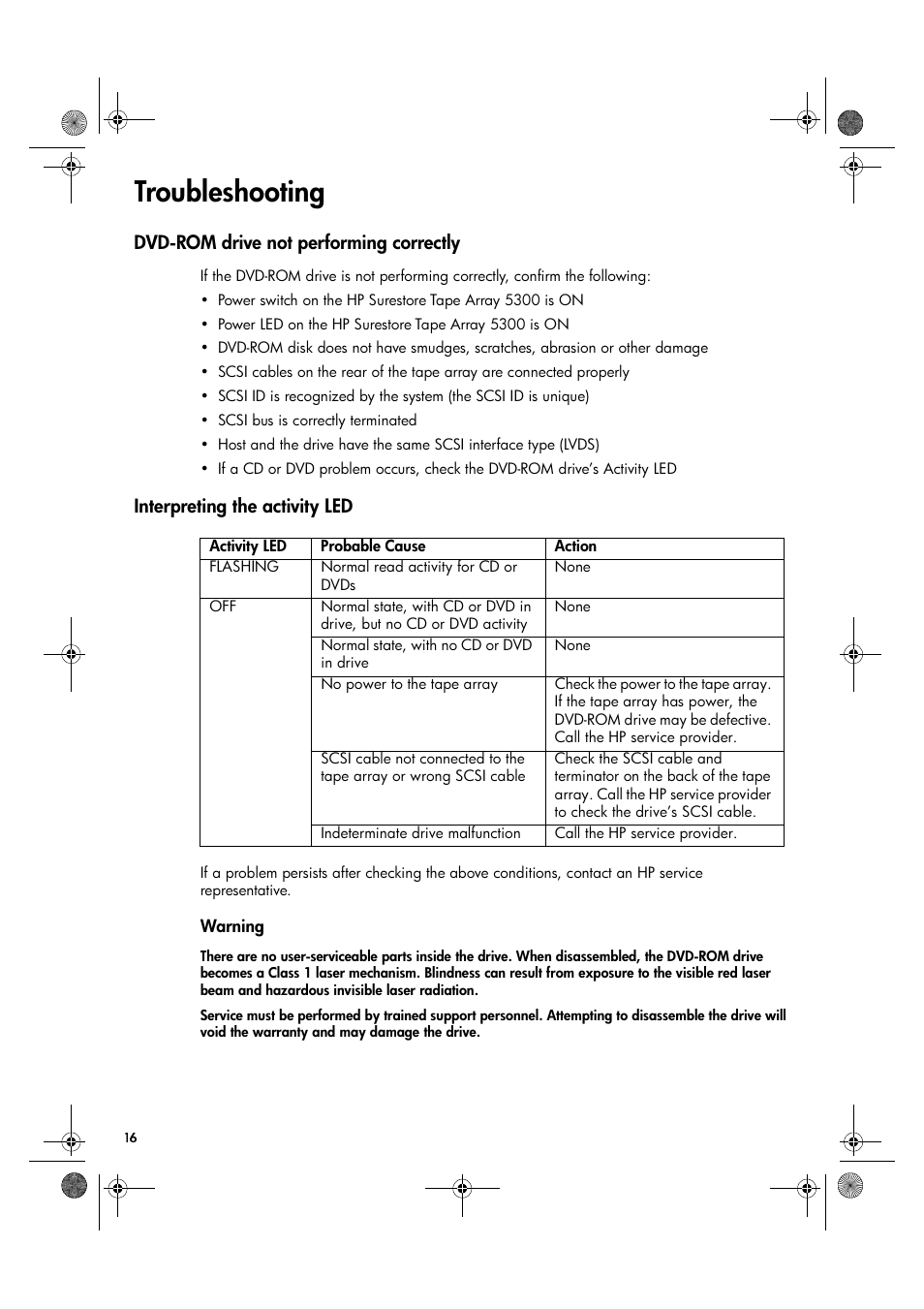 Troubleshooting, Warning | HP Surestore DVD-ROM Tape Array Module User Manual | Page 18 / 24