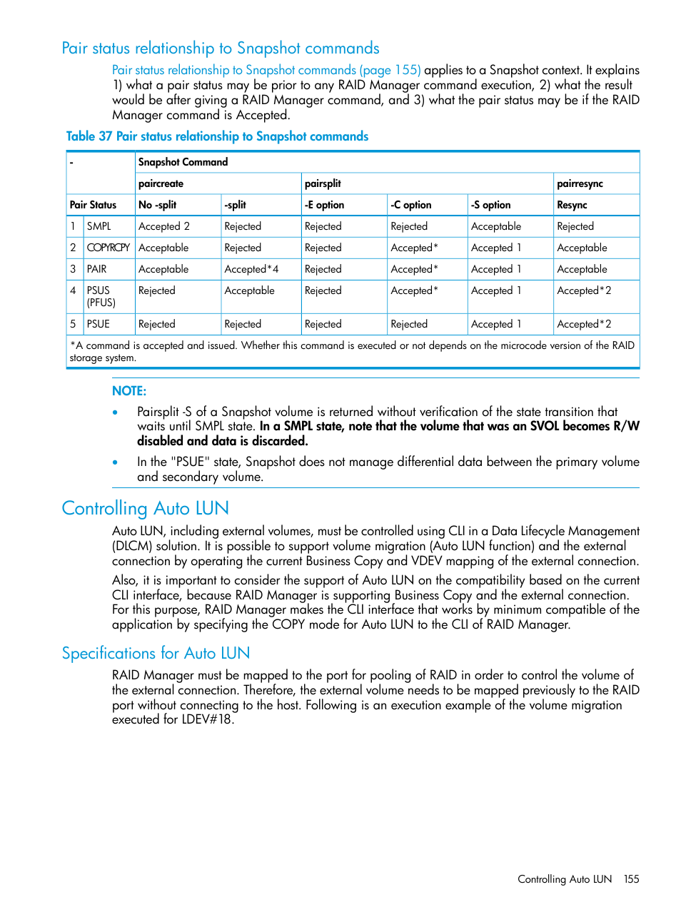 Pair status relationship to snapshot commands, Controlling auto lun, Specifications for auto lun | HP XP P9500 Storage User Manual | Page 155 / 211