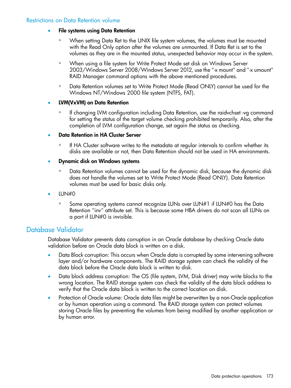 Restrictions on data retention volume, Database validator | HP XP P9500 Storage User Manual | Page 173 / 211