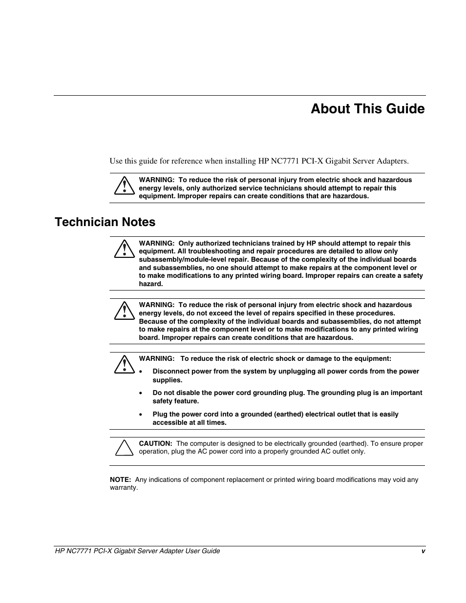 About this guide, Technician notes | HP NC7771 Gigabit Server Adapter User Manual | Page 5 / 21