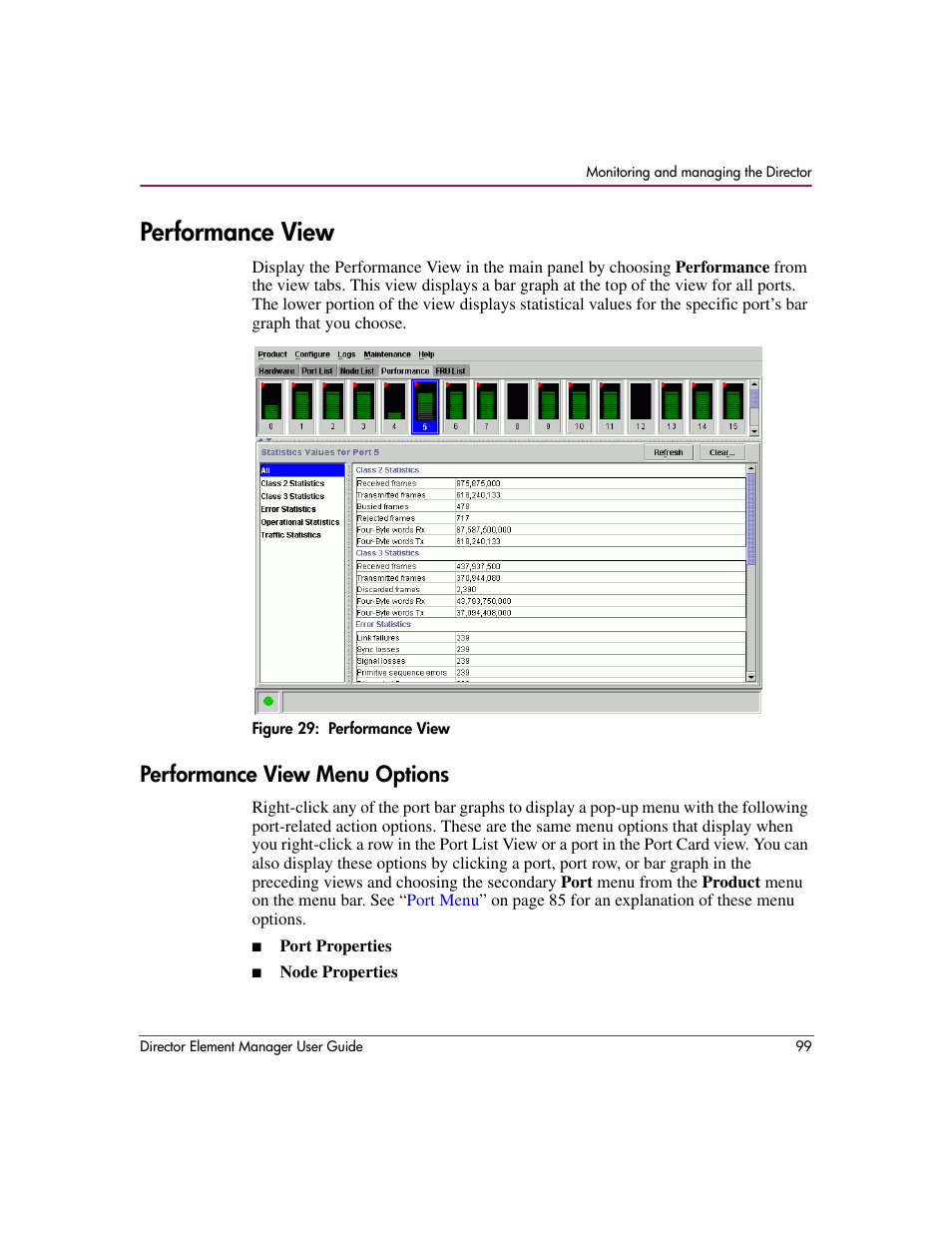 Performance view, Figure 29: performance view, Performance view menu options | 29 performance view, Ons, see | HP StorageWorks 2.140 Director Switch User Manual | Page 101 / 278