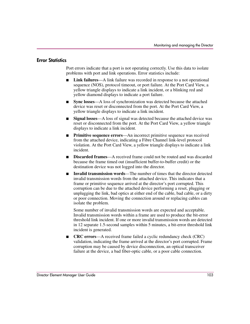 Error statistics | HP StorageWorks 2.140 Director Switch User Manual | Page 105 / 278