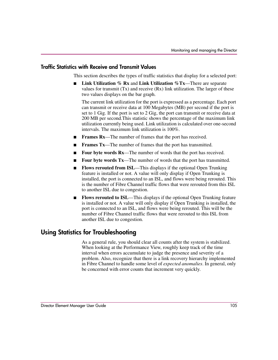 Using statistics for troubleshooting | HP StorageWorks 2.140 Director Switch User Manual | Page 107 / 278