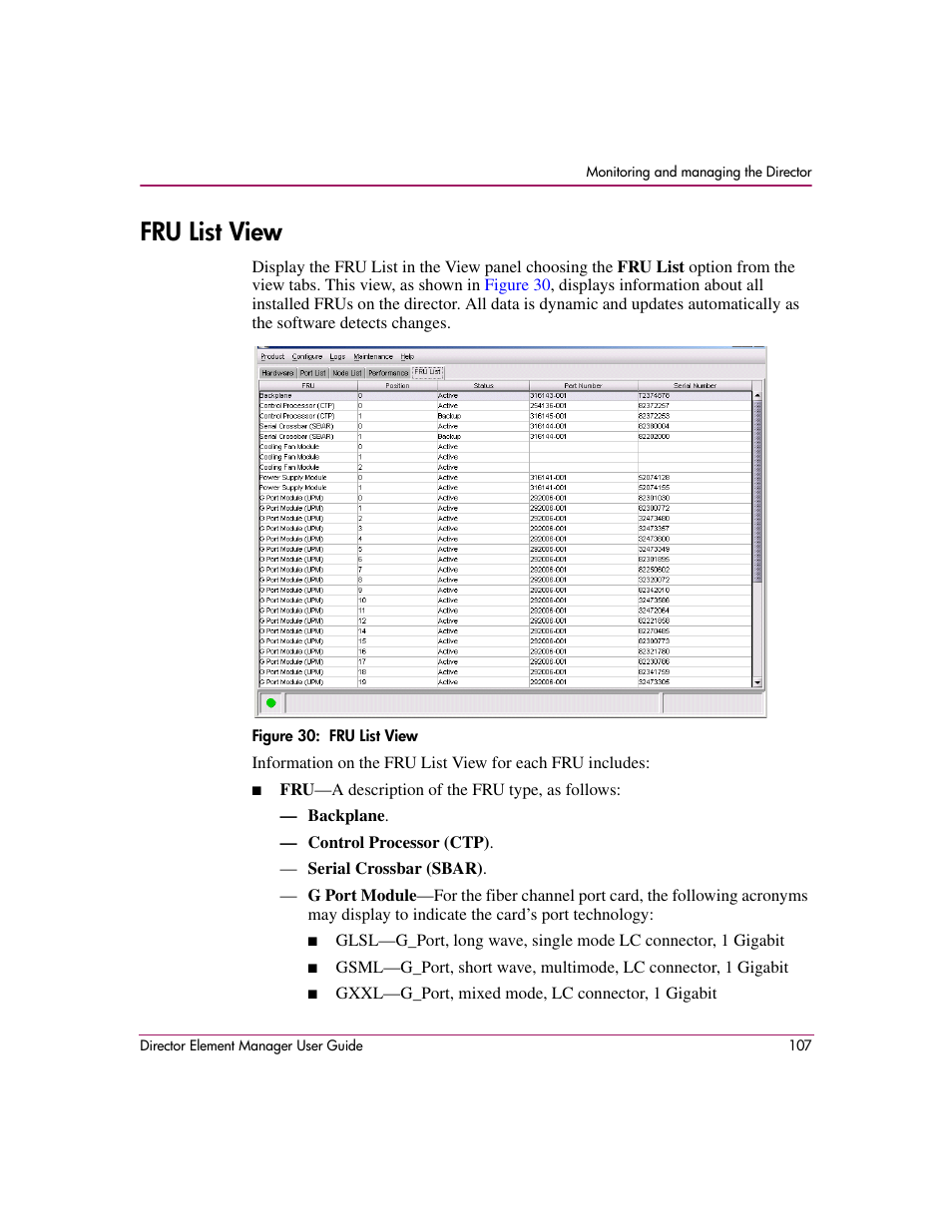 Fru list view, Figure 30: fru list view, 30 fru list view | Fru list, View | HP StorageWorks 2.140 Director Switch User Manual | Page 109 / 278