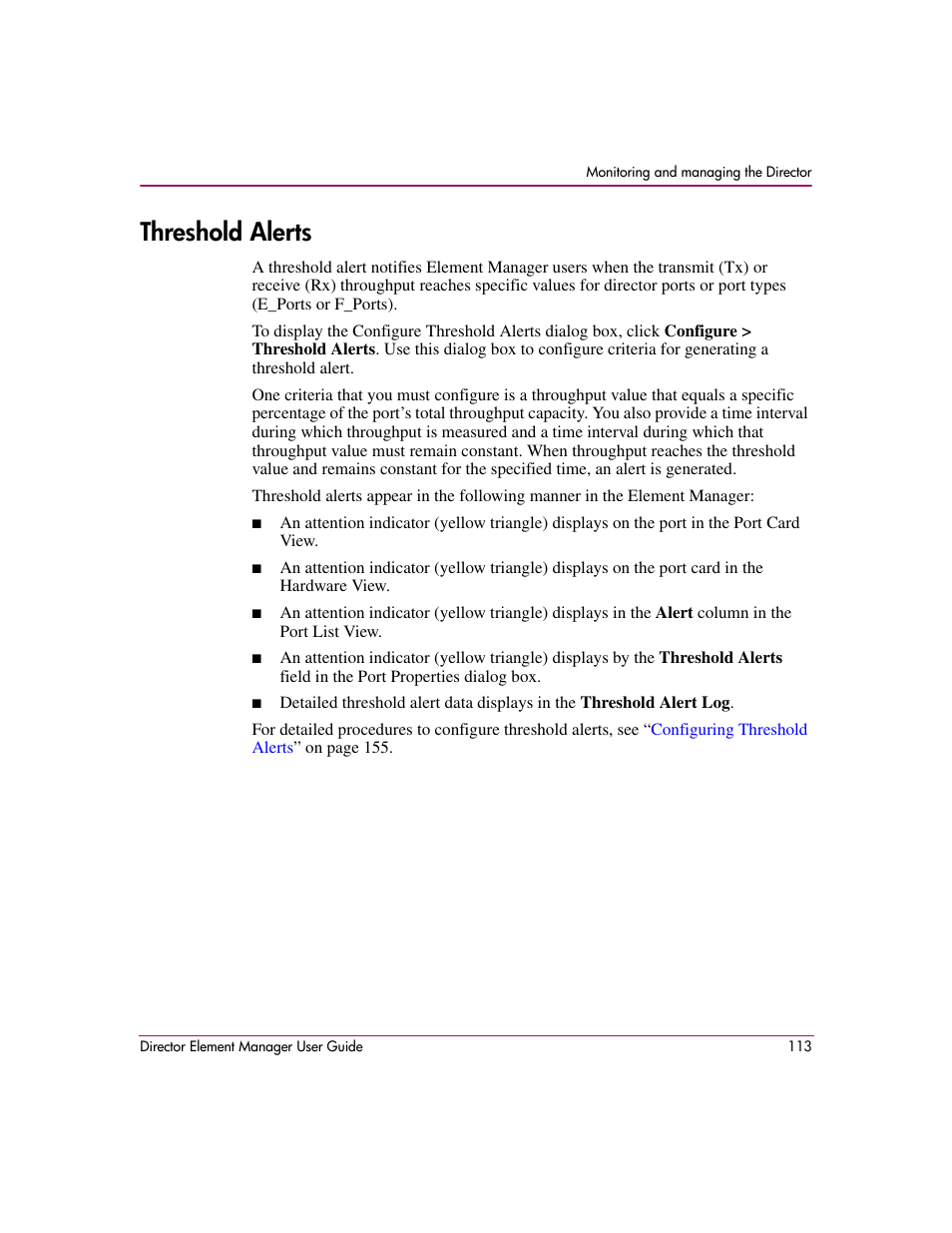 Threshold alerts | HP StorageWorks 2.140 Director Switch User Manual | Page 115 / 278