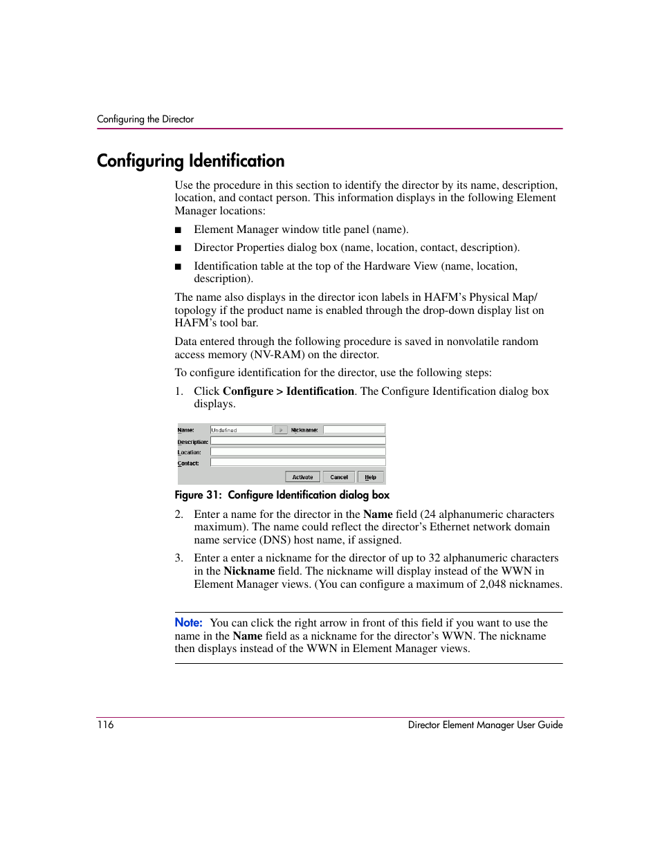 Configuring identification, Figure 31: configure identification dialog box, 31 configure identification dialog box | HP StorageWorks 2.140 Director Switch User Manual | Page 118 / 278