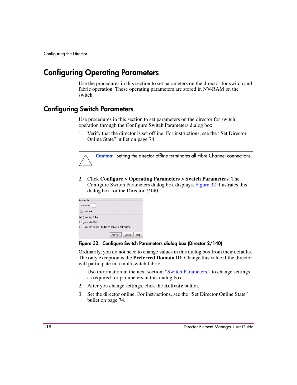 Configuring operating parameters, Configuring switch parameters | HP StorageWorks 2.140 Director Switch User Manual | Page 120 / 278