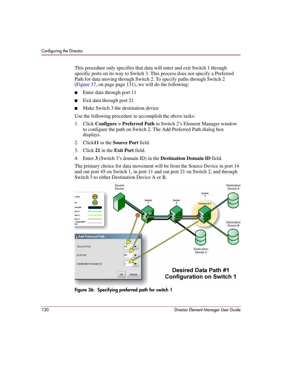 Figure 36: specifying preferred path for switch 1, 36 specifying preferred path for switch 1, Figure 36 | HP StorageWorks 2.140 Director Switch User Manual | Page 132 / 278