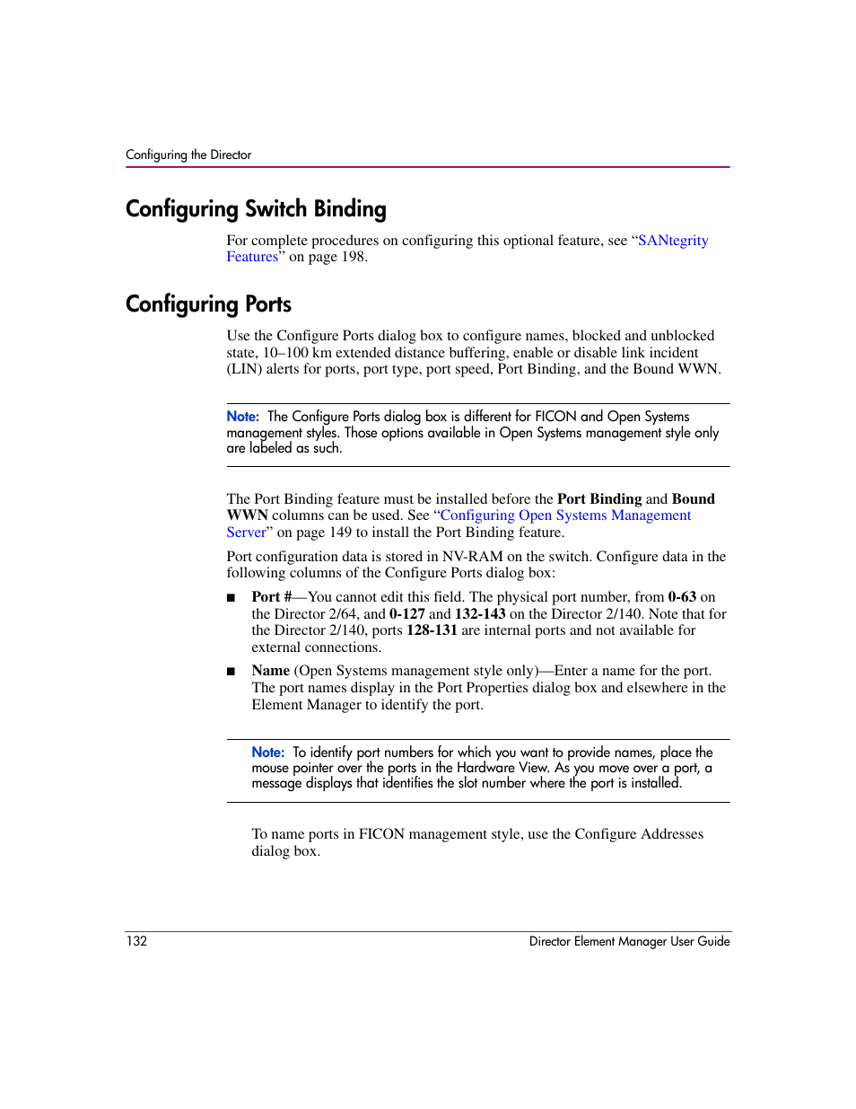 Configuring switch binding, Configuring ports, Configuring switch binding configuring ports | Configuring, Ports | HP StorageWorks 2.140 Director Switch User Manual | Page 134 / 278