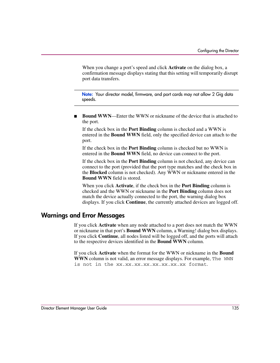 Warnings and error messages | HP StorageWorks 2.140 Director Switch User Manual | Page 137 / 278