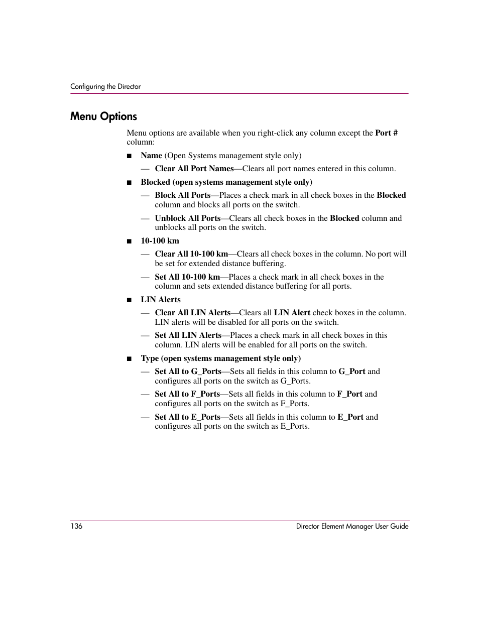 Menu options | HP StorageWorks 2.140 Director Switch User Manual | Page 138 / 278