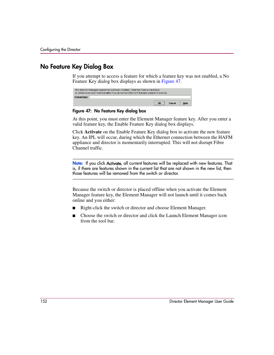 No feature key dialog box, Figure 47: no feature key dialog box, 47 no feature key dialog box | HP StorageWorks 2.140 Director Switch User Manual | Page 154 / 278