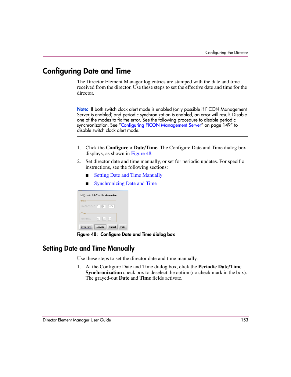 Configuring date and time, Figure 48: configure date and time dialog box, Setting date and time manually | 48 configure date and time dialog box | HP StorageWorks 2.140 Director Switch User Manual | Page 155 / 278