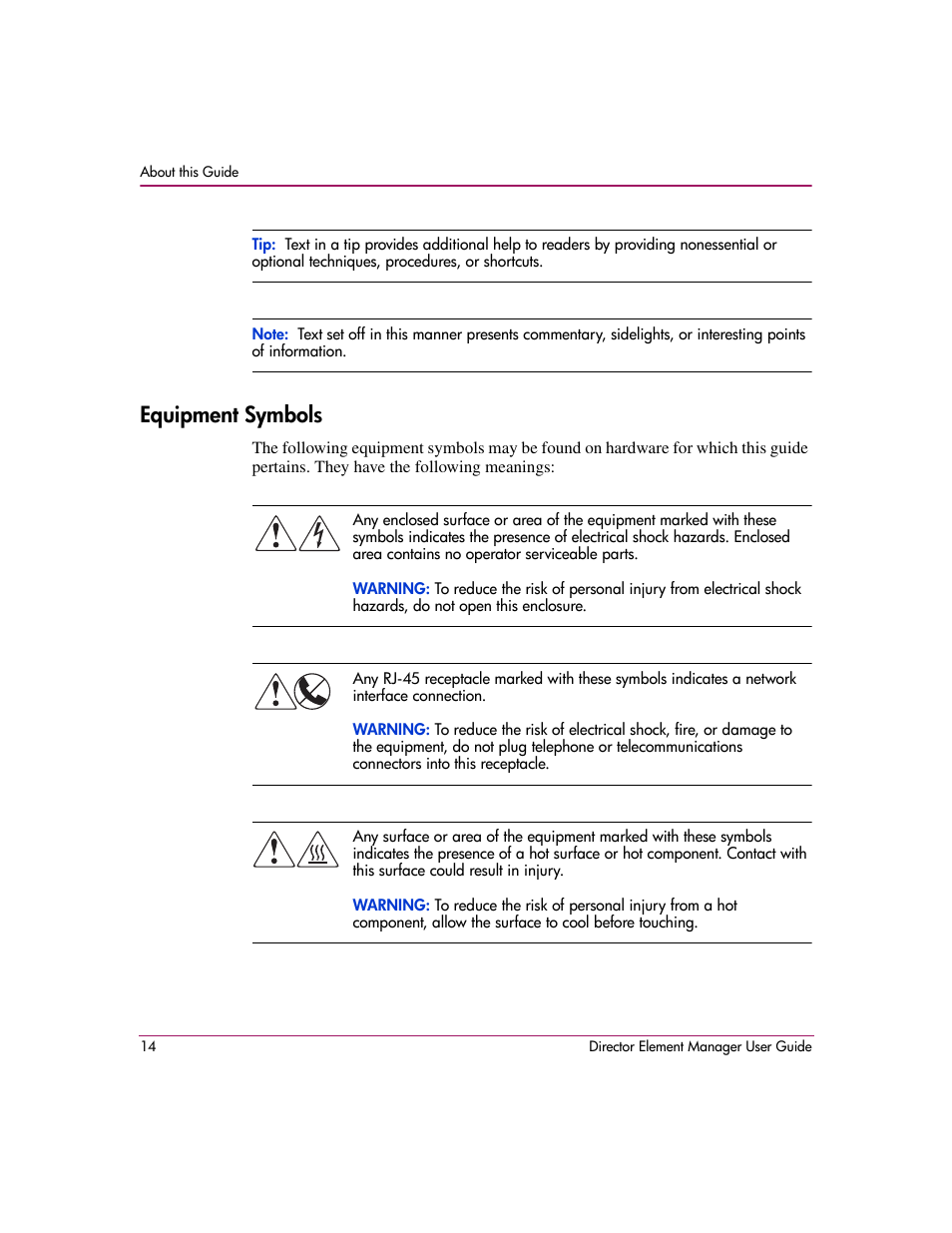 Equipment symbols | HP StorageWorks 2.140 Director Switch User Manual | Page 16 / 278
