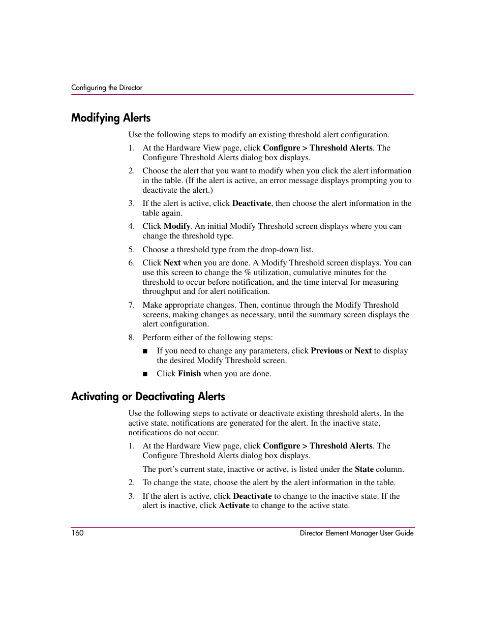 Modifying alerts, Activating or deactivating alerts, Modifying alerts activating or deactivating alerts | HP StorageWorks 2.140 Director Switch User Manual | Page 162 / 278