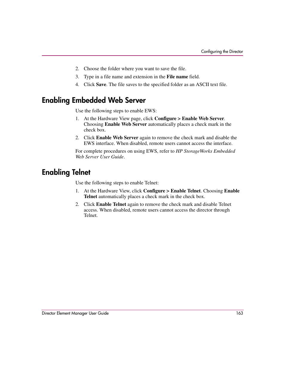 Enabling embedded web server, Enabling telnet, Enabling embedded web server enabling telnet | HP StorageWorks 2.140 Director Switch User Manual | Page 165 / 278