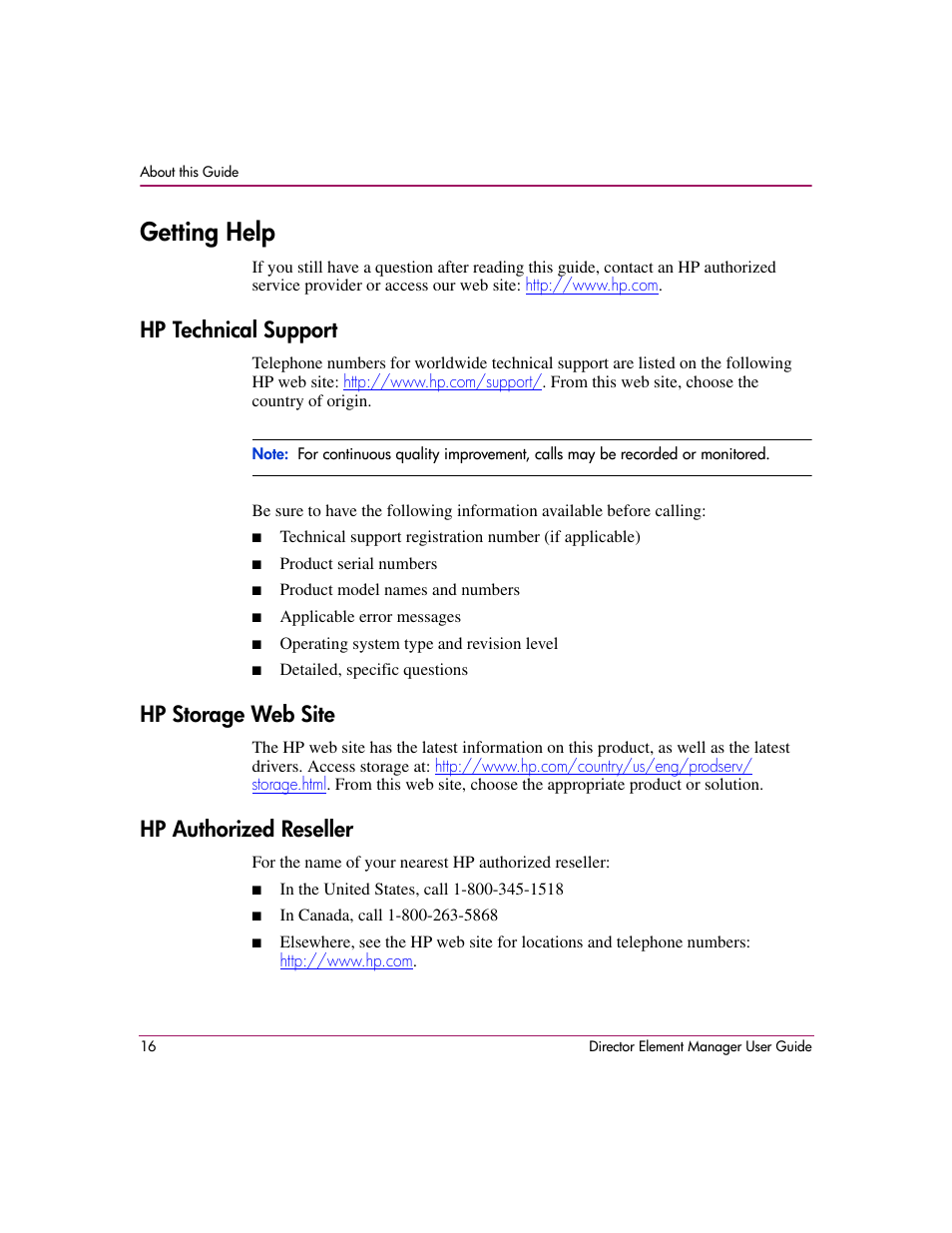 Getting help, Hp technical support, Hp storage web site | Hp authorized reseller | HP StorageWorks 2.140 Director Switch User Manual | Page 18 / 278