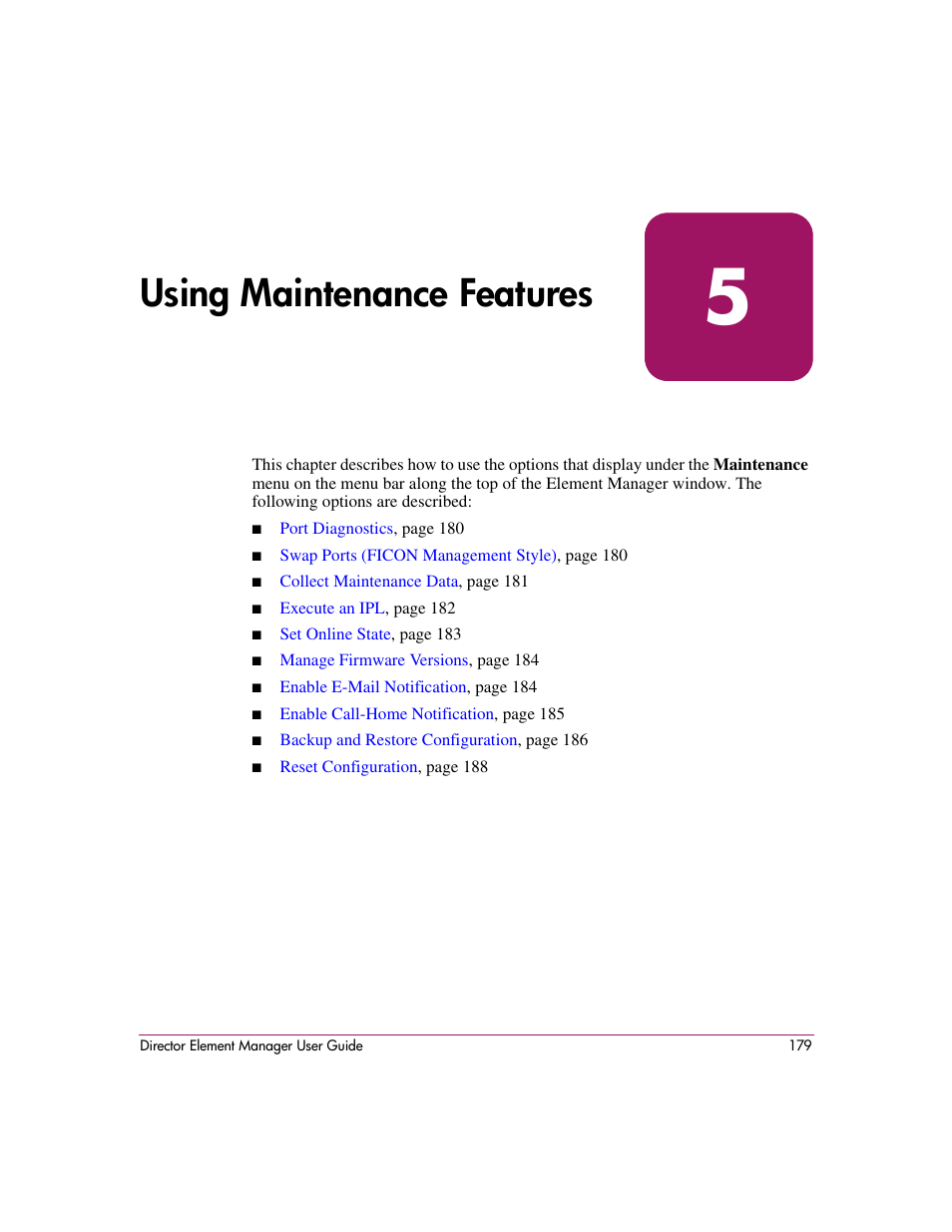 Using maintenance features, 5 using maintenance features | HP StorageWorks 2.140 Director Switch User Manual | Page 181 / 278