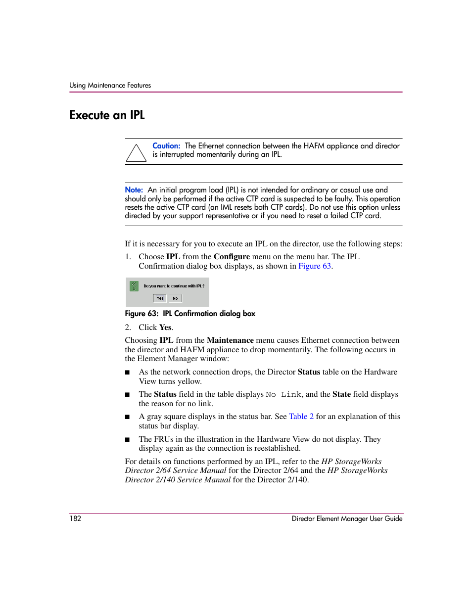 Execute an ipl, Figure 63: ipl confirmation dialog box, 63 ipl confirmation dialog box | HP StorageWorks 2.140 Director Switch User Manual | Page 184 / 278