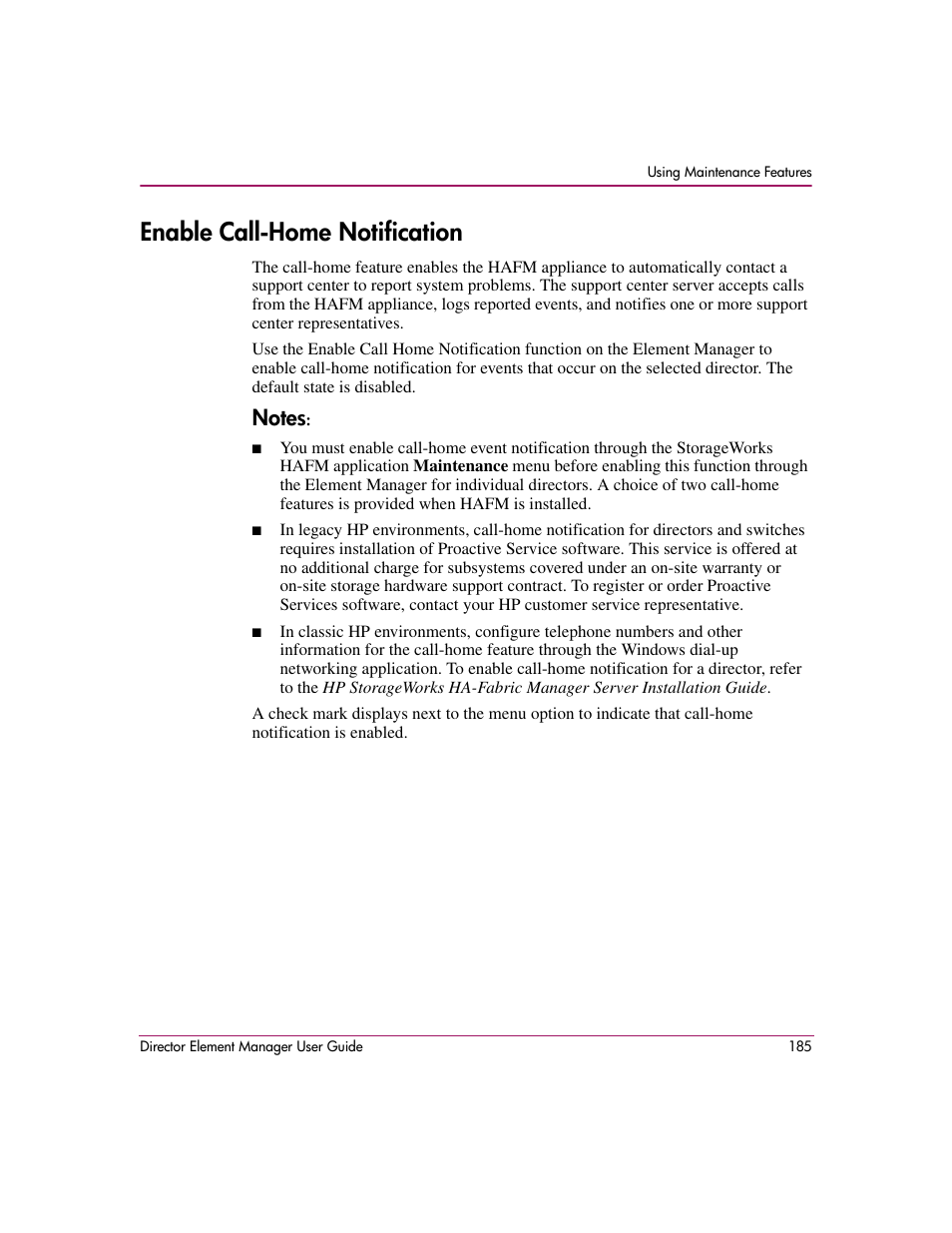 Enable call-home notification | HP StorageWorks 2.140 Director Switch User Manual | Page 187 / 278
