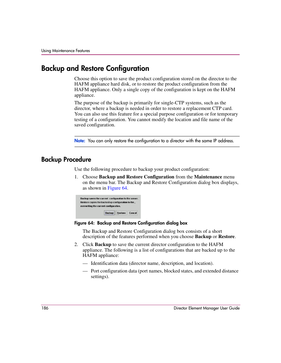 Backup and restore configuration, Backup procedure, 64 backup and restore configuration dialog box | Information, see, On, see | HP StorageWorks 2.140 Director Switch User Manual | Page 188 / 278