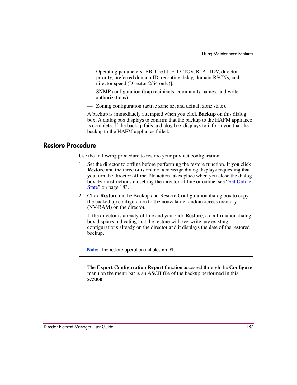 Restore procedure | HP StorageWorks 2.140 Director Switch User Manual | Page 189 / 278