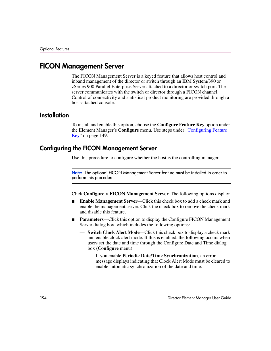 Ficon management server, Installation, Configuring the ficon management server | R details, see, Feature, see, Configuring, The ficon management server | HP StorageWorks 2.140 Director Switch User Manual | Page 196 / 278