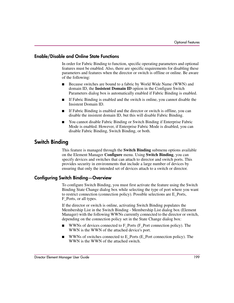 Enable/disable and online state functions, Switch binding, Configuring switch binding-overview | Configuring switch binding—overview | HP StorageWorks 2.140 Director Switch User Manual | Page 201 / 278