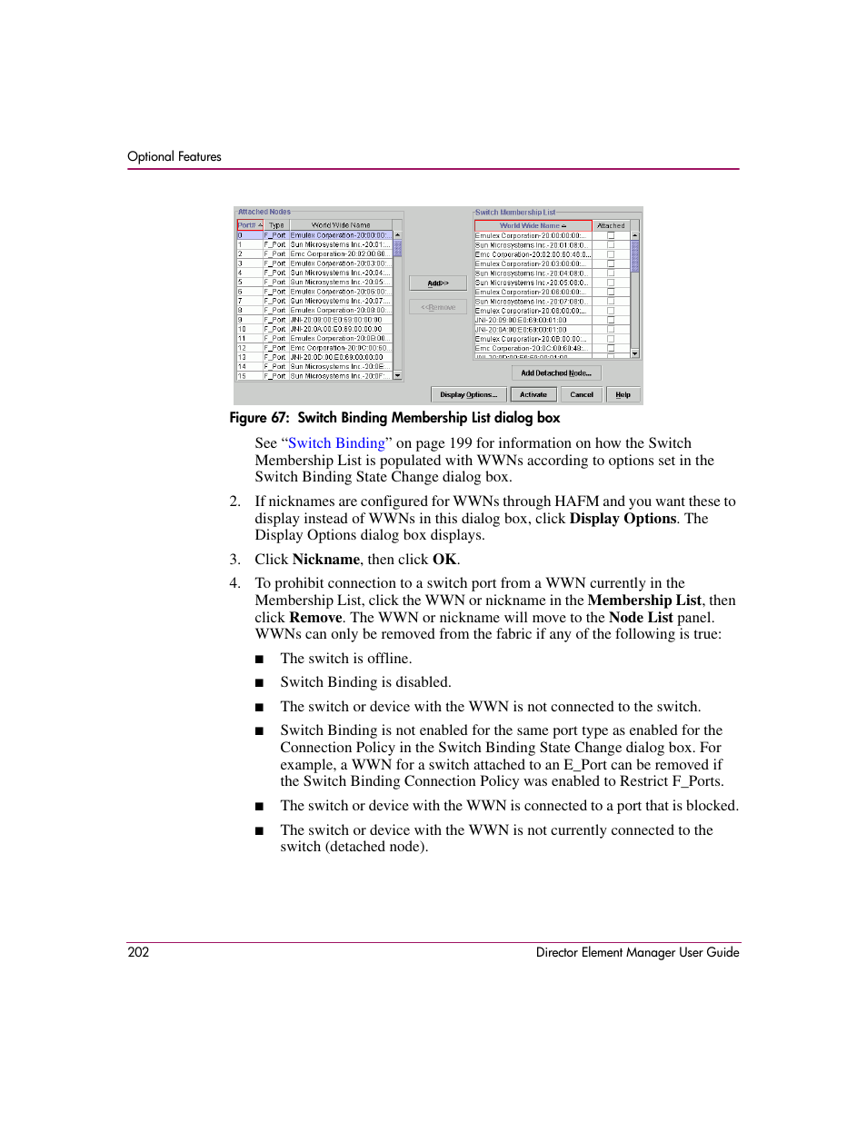 67 switch binding membership list dialog box | HP StorageWorks 2.140 Director Switch User Manual | Page 204 / 278