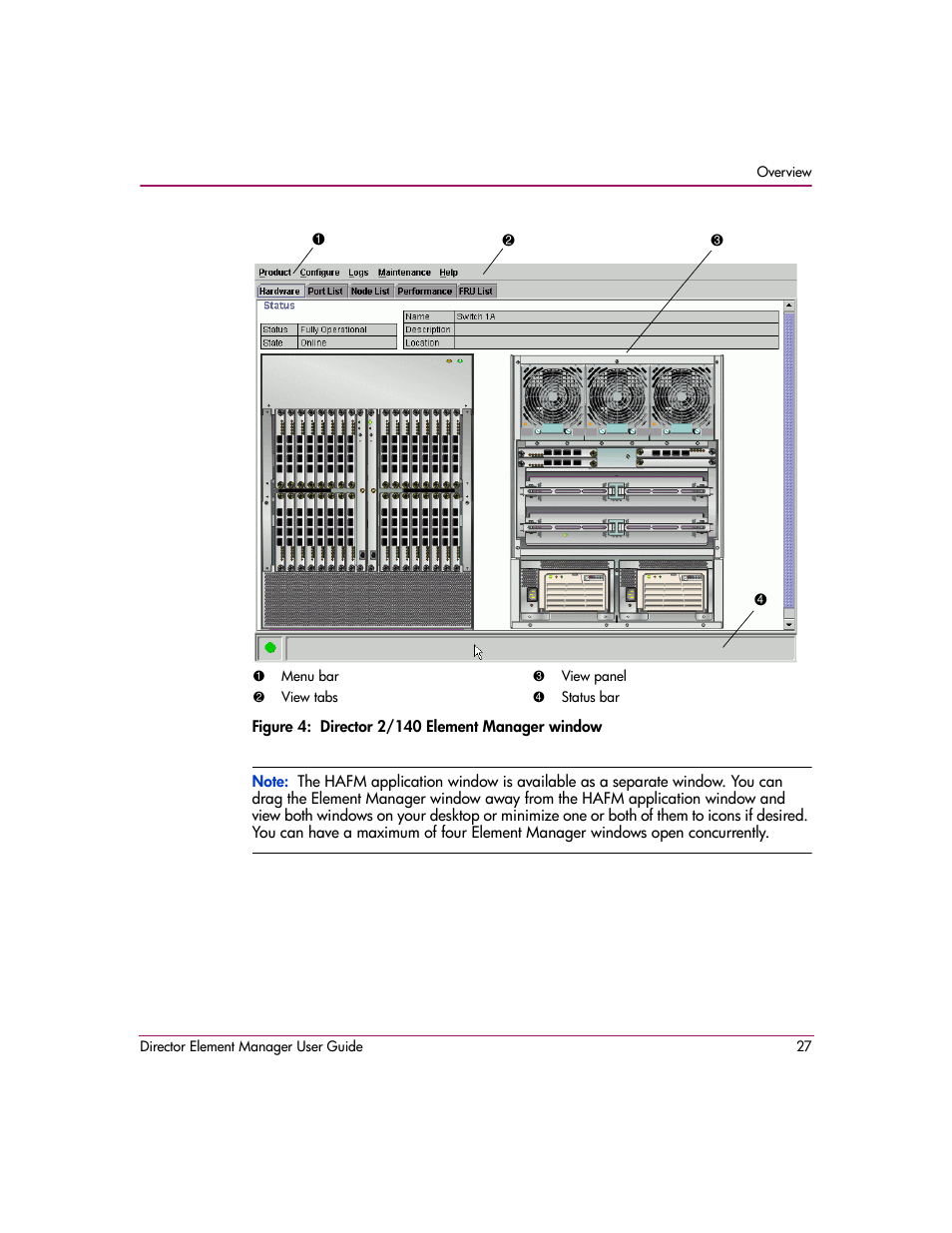 Figure 4: director 2/140 element manager window, 4 director 2/140 element manager window, Figure 4 | HP StorageWorks 2.140 Director Switch User Manual | Page 29 / 278