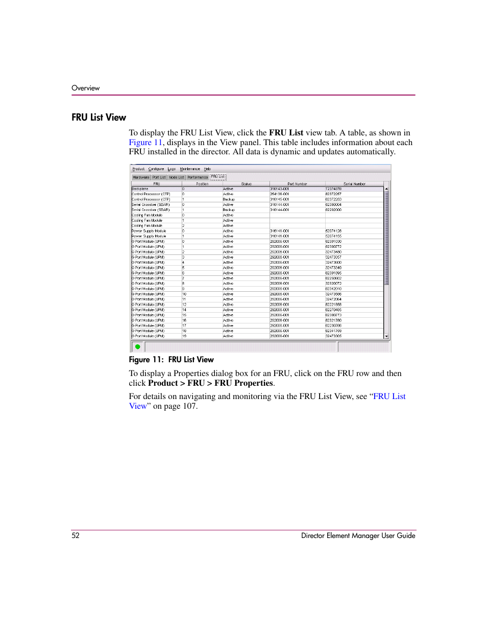 Fru list view, Figure 11: fru list view, 11 fru list view | HP StorageWorks 2.140 Director Switch User Manual | Page 54 / 278