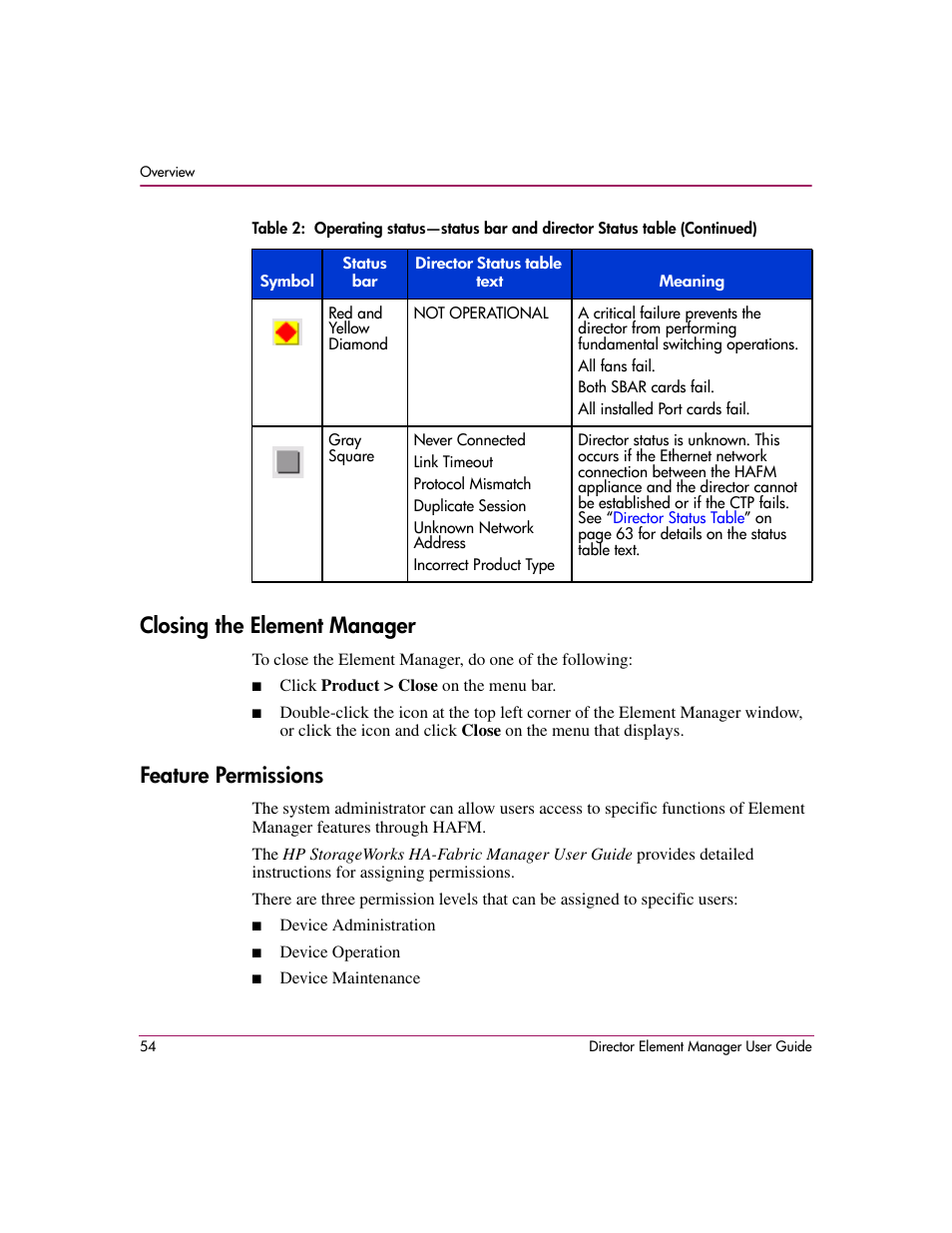 Closing the element manager, Feature permissions, Closing the element manager feature permissions | HP StorageWorks 2.140 Director Switch User Manual | Page 56 / 278
