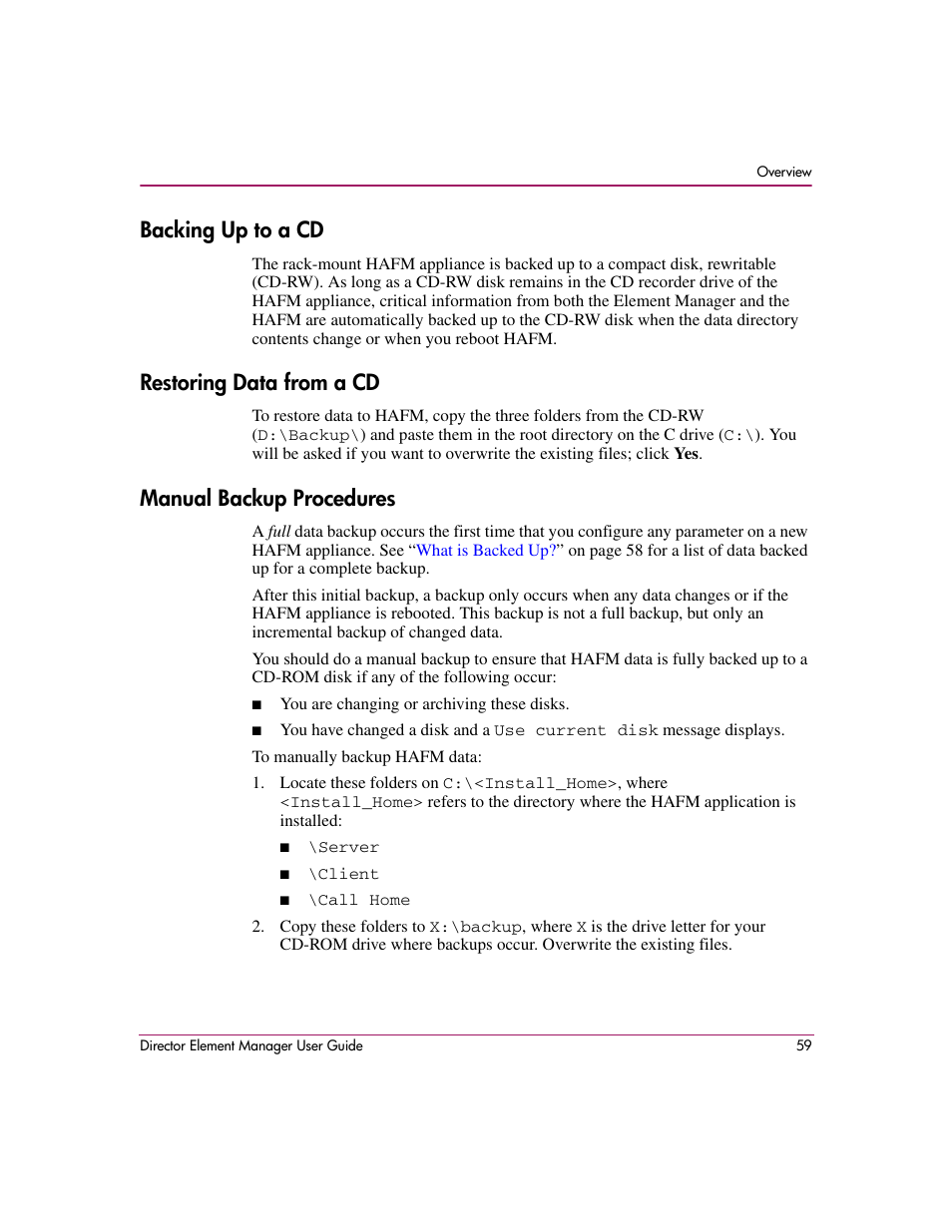 Backing up to a cd, Restoring data from a cd, Manual backup procedures | HP StorageWorks 2.140 Director Switch User Manual | Page 61 / 278