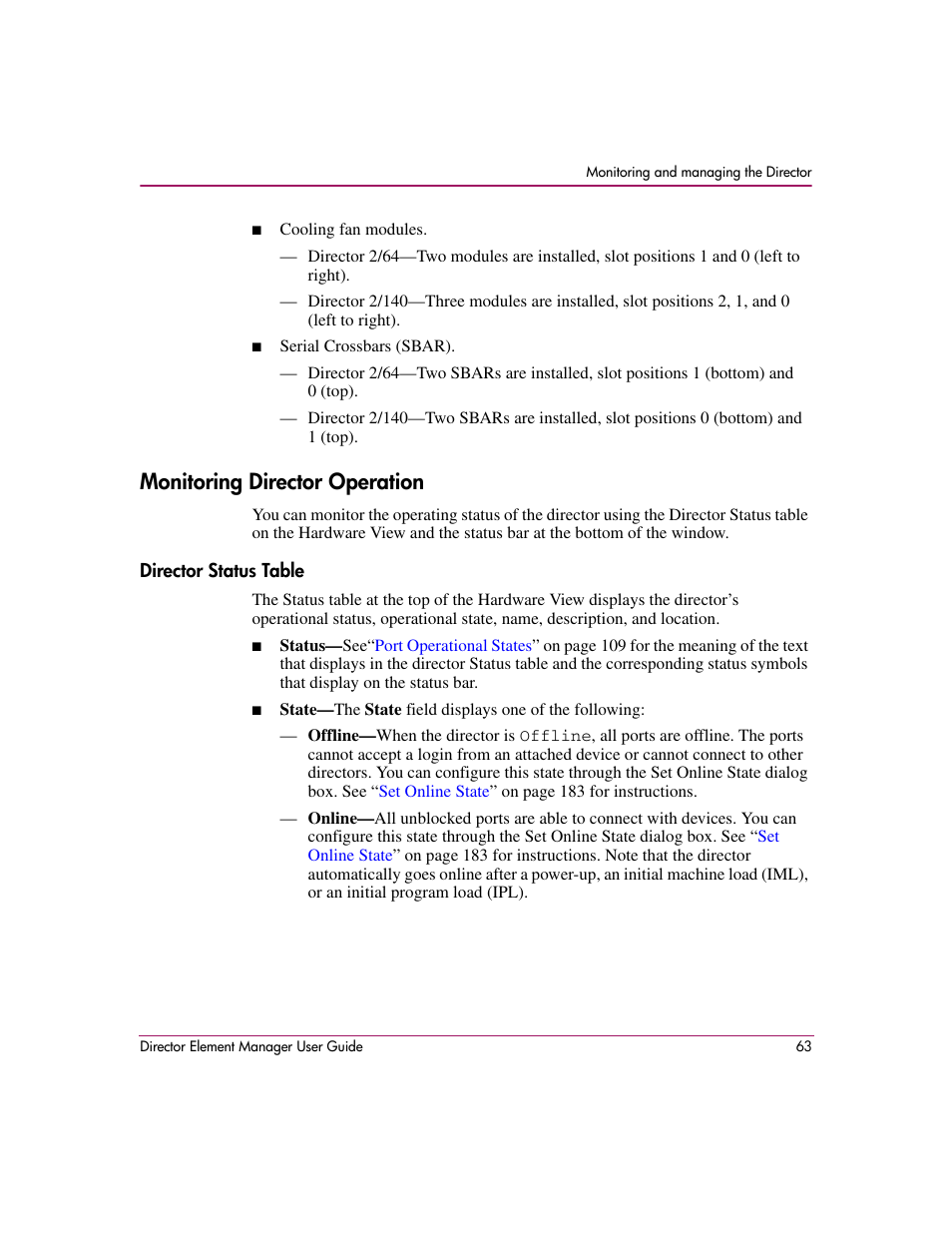 Monitoring director operation, Director status table | HP StorageWorks 2.140 Director Switch User Manual | Page 65 / 278