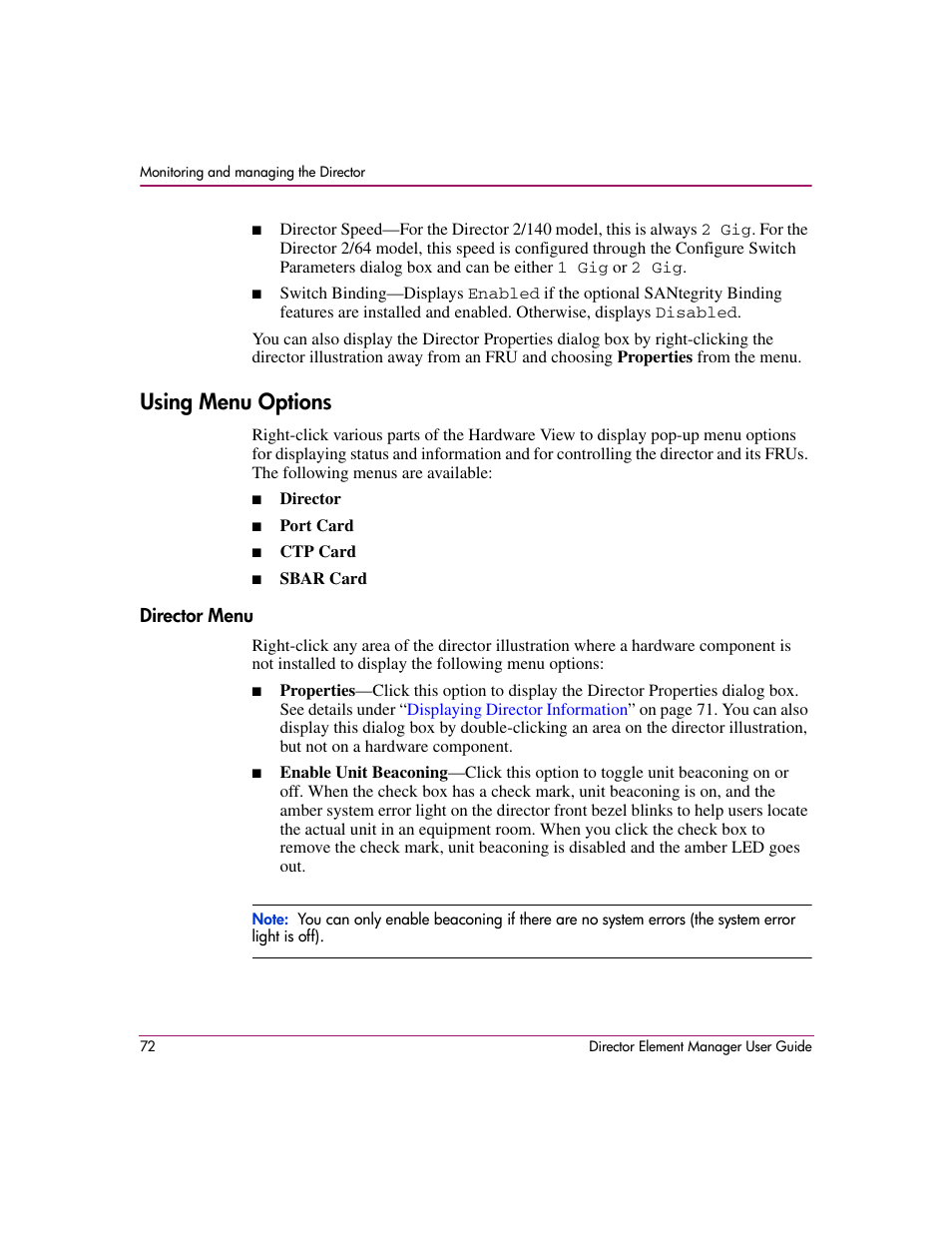 Using menu options, Director menu | HP StorageWorks 2.140 Director Switch User Manual | Page 74 / 278