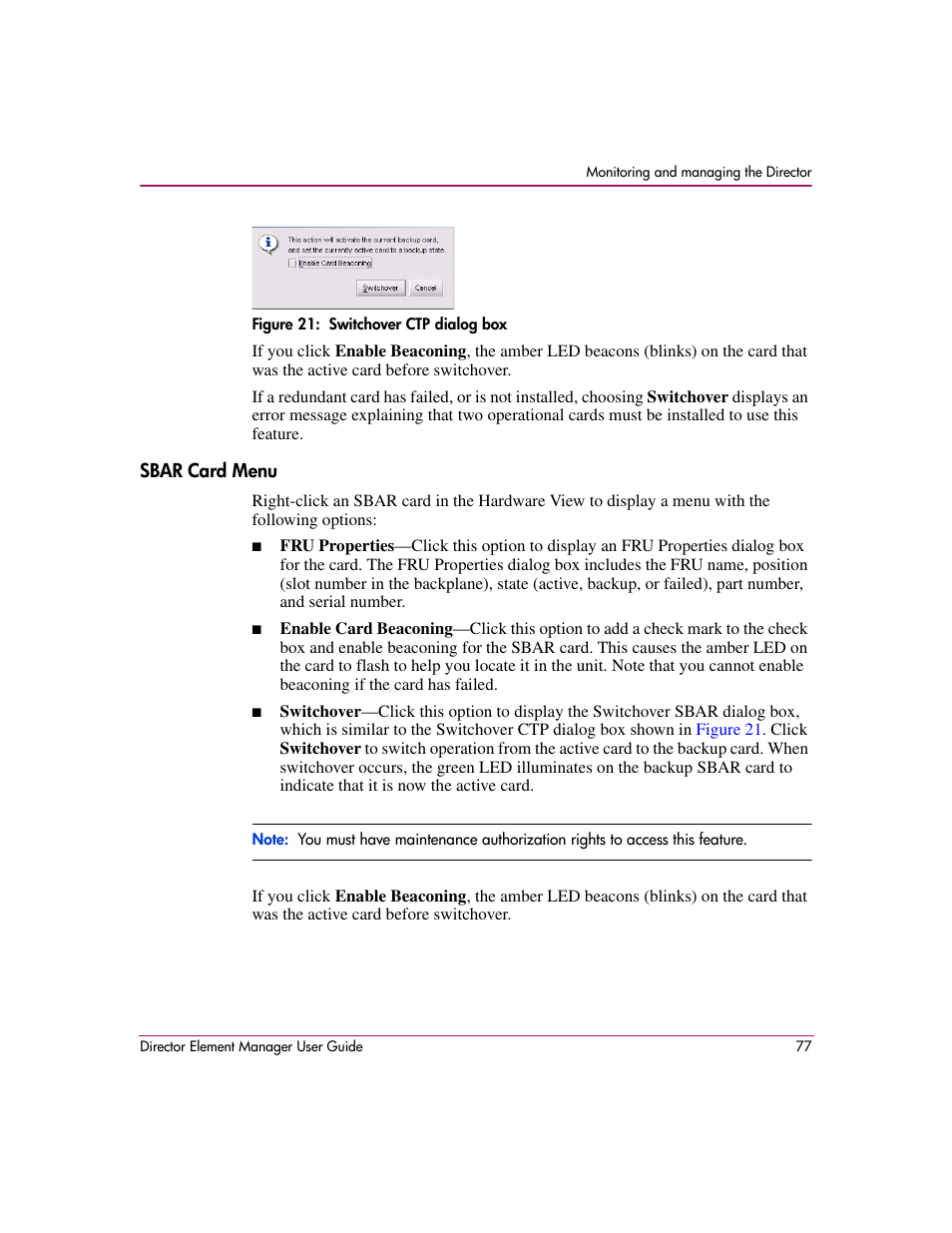 Figure 21: switchover ctp dialog box, Sbar card menu, 21 switchover ctp dialog box | R details see, Sbar, Card menu, N in, Figure 21, Click | HP StorageWorks 2.140 Director Switch User Manual | Page 79 / 278