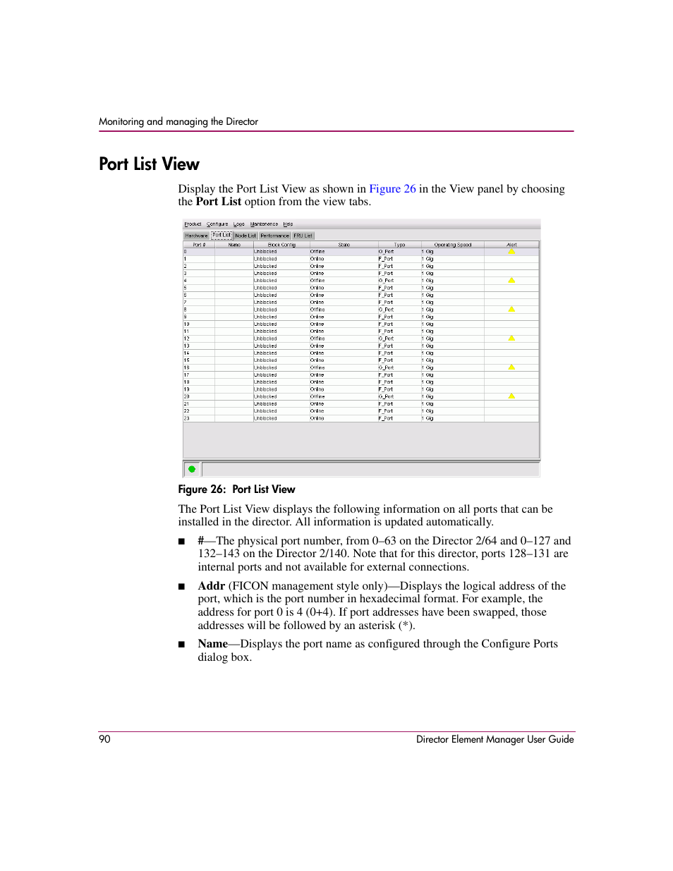 Port list view, Figure 26: port list view, 26 port list view | Port list, View | HP StorageWorks 2.140 Director Switch User Manual | Page 92 / 278