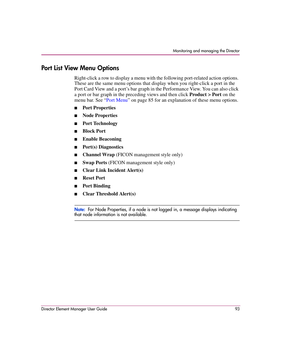 Port list view menu options | HP StorageWorks 2.140 Director Switch User Manual | Page 95 / 278