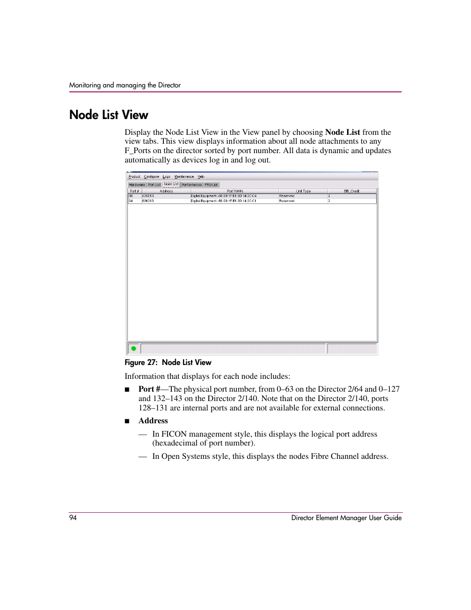 Node list view, Figure 27: node list view, 27 node list view | Node list, View | HP StorageWorks 2.140 Director Switch User Manual | Page 96 / 278