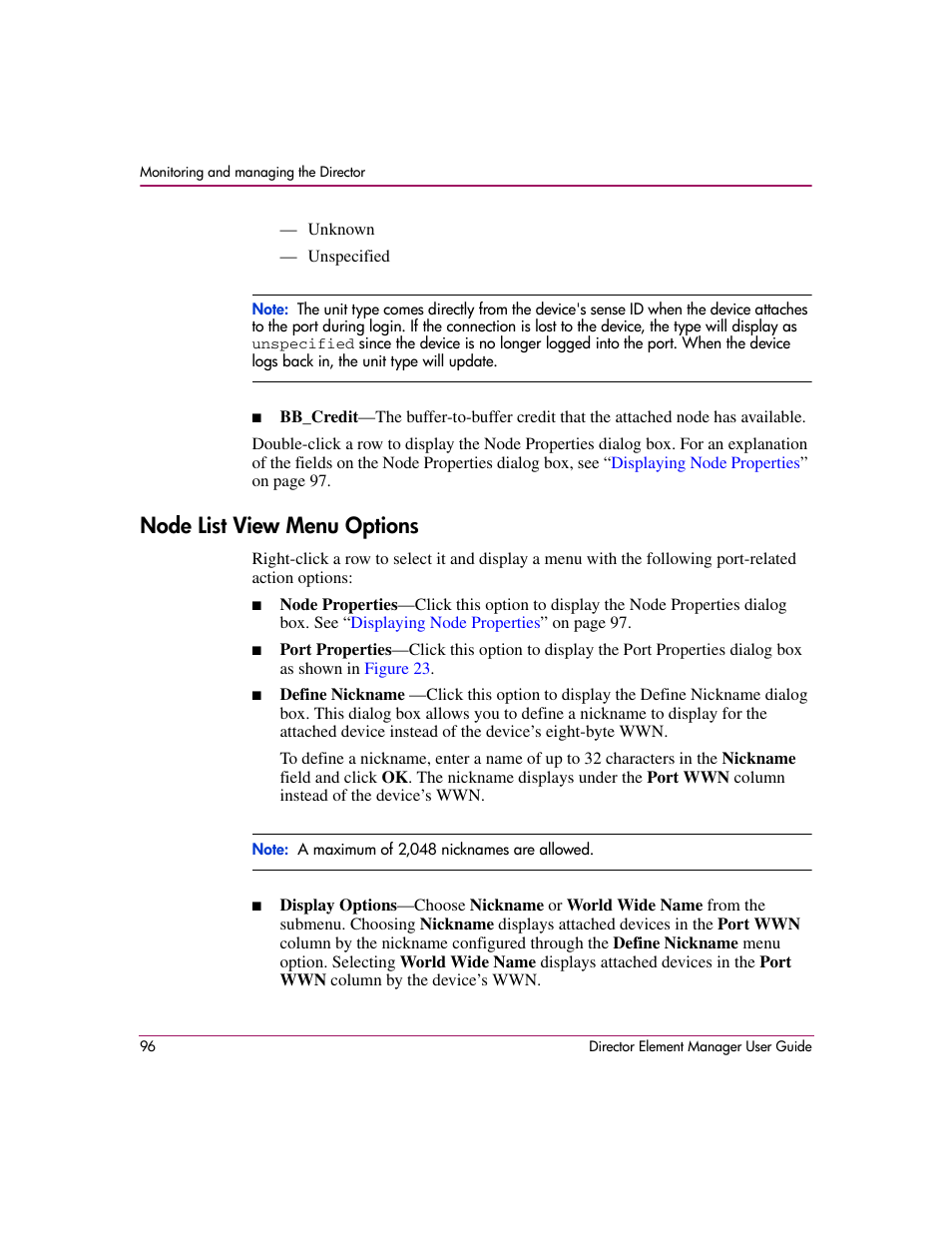 Node list view menu options | HP StorageWorks 2.140 Director Switch User Manual | Page 98 / 278