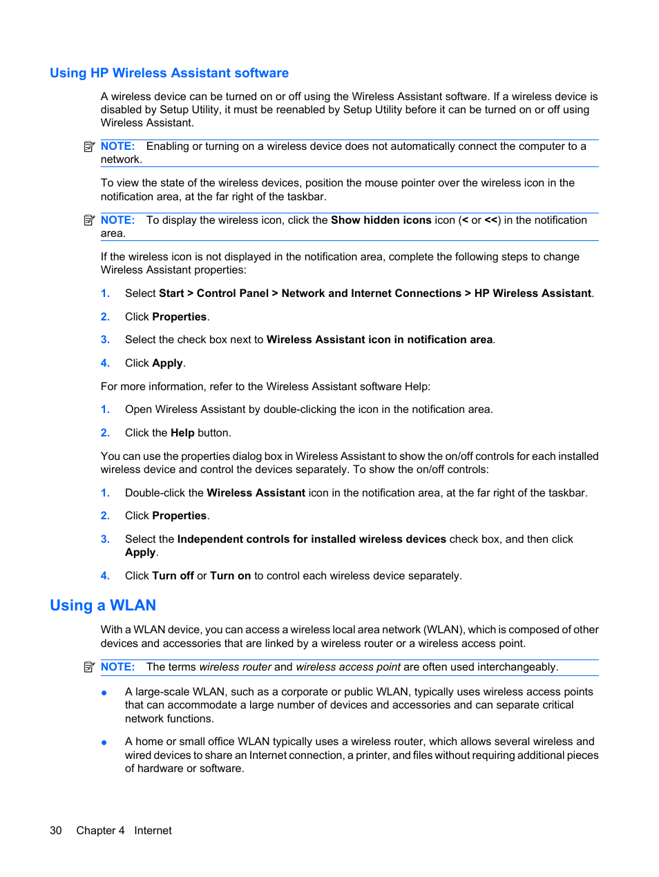 Using hp wireless assistant software, Using a wlan | HP Mini 210-1020EH PC User Manual | Page 38 / 94