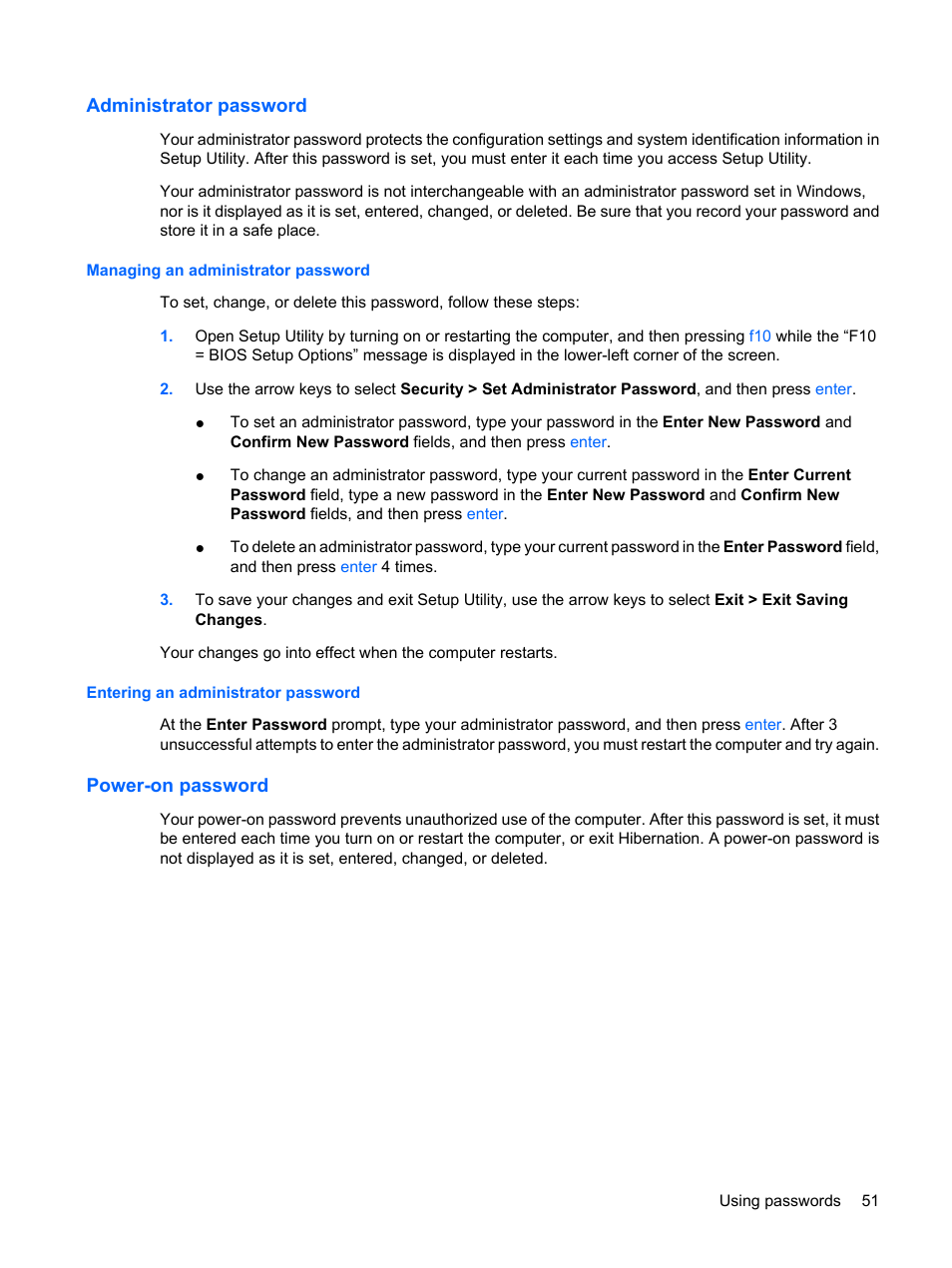 Administrator password, Managing an administrator password, Entering an administrator password | Power-on password | HP Mini 210-1020EH PC User Manual | Page 59 / 94