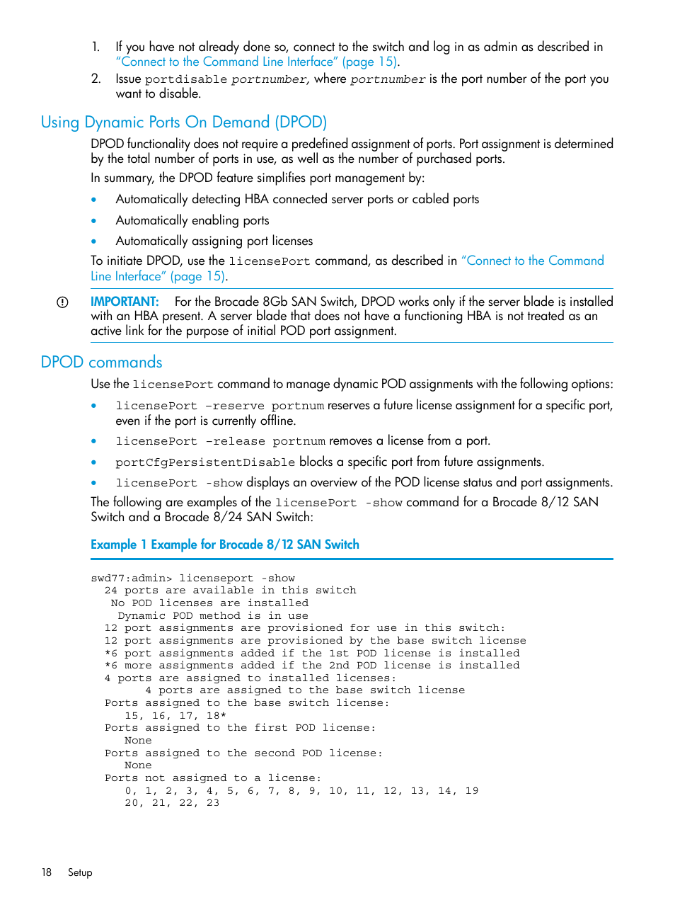 Using dynamic ports on demand (dpod), Dpod commands, Using dynamic ports on demand (dpod) dpod commands | HP Brocade 8Gb SAN Switch for HP BladeSystem c-Class User Manual | Page 18 / 59