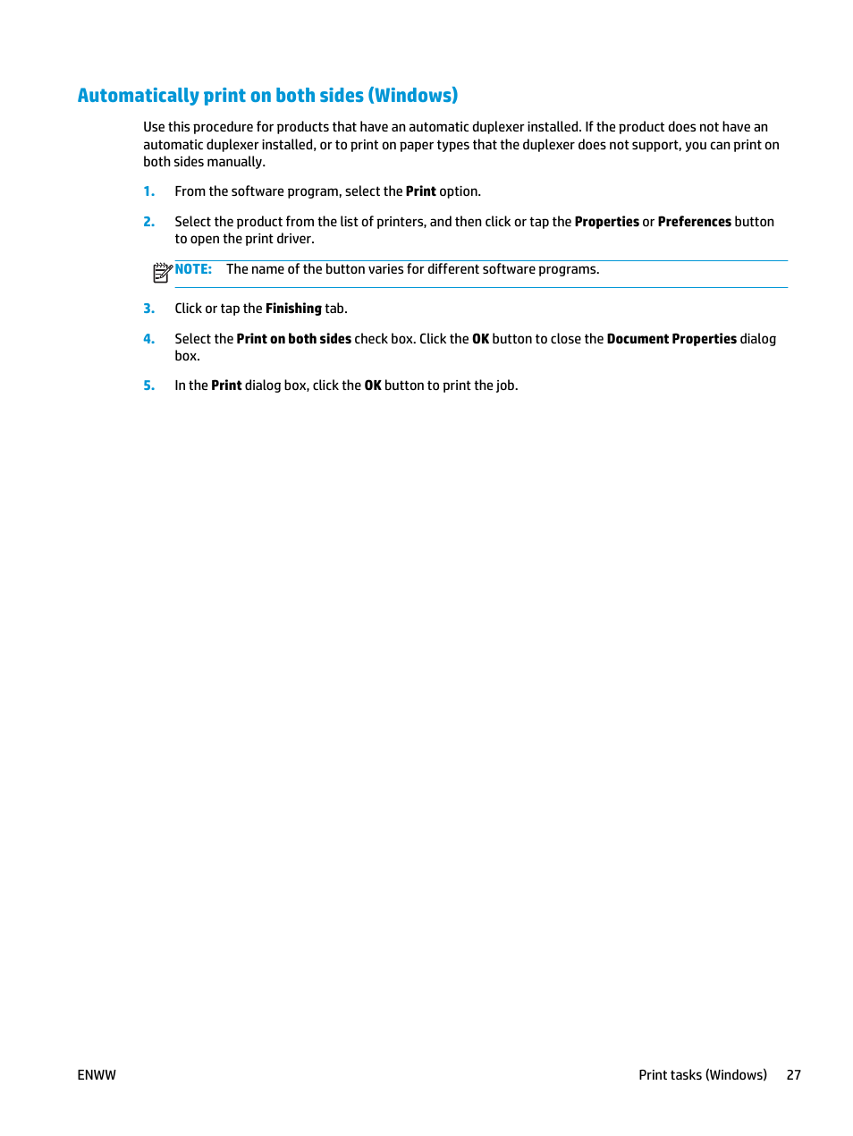Automatically print on both sides (windows) | HP Officejet Enterprise Color X555 Printer series User Manual | Page 35 / 102