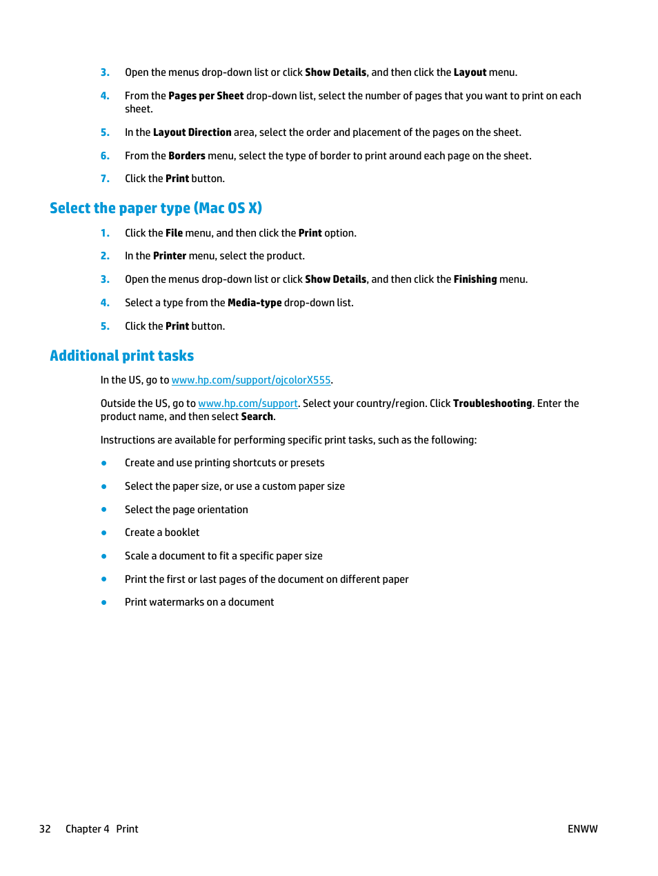 Select the paper type (mac os x), Additional print tasks | HP Officejet Enterprise Color X555 Printer series User Manual | Page 40 / 102