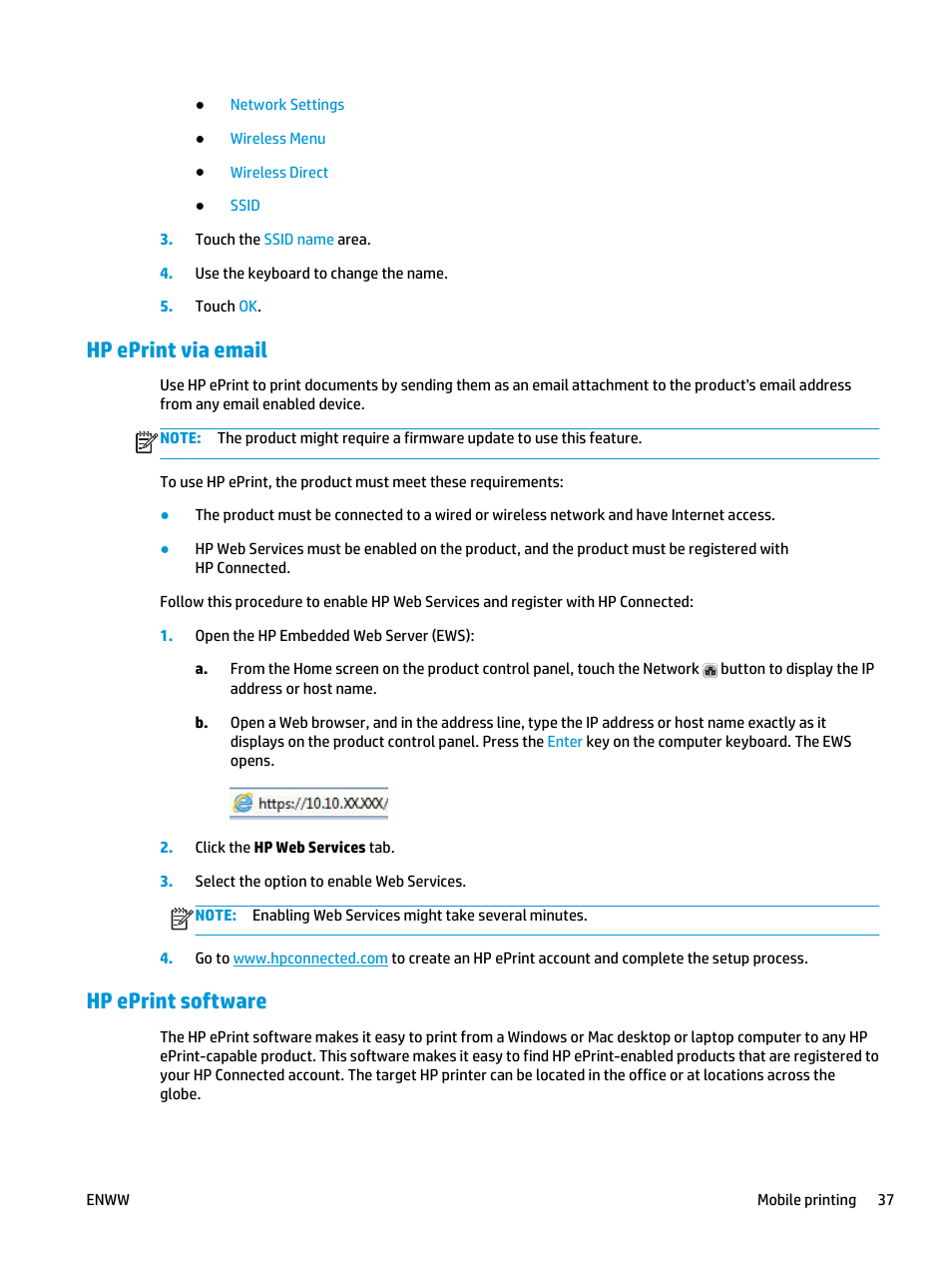 Hp eprint via email, Hp eprint software, Hp eprint via email hp eprint software | HP Officejet Enterprise Color X555 Printer series User Manual | Page 45 / 102