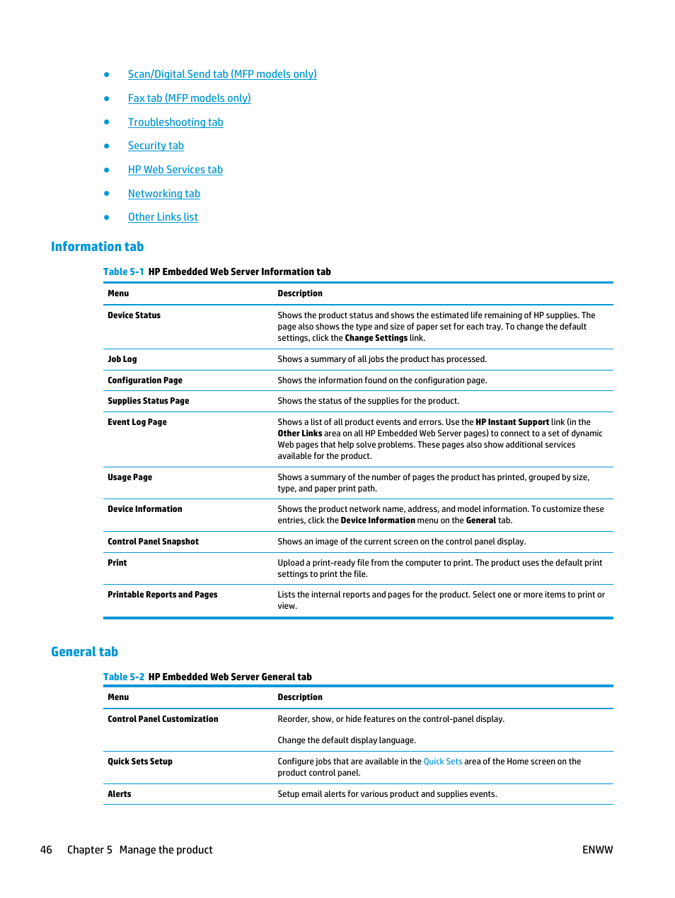 Information tab, General tab, Information tab general tab | HP Officejet Enterprise Color X555 Printer series User Manual | Page 54 / 102