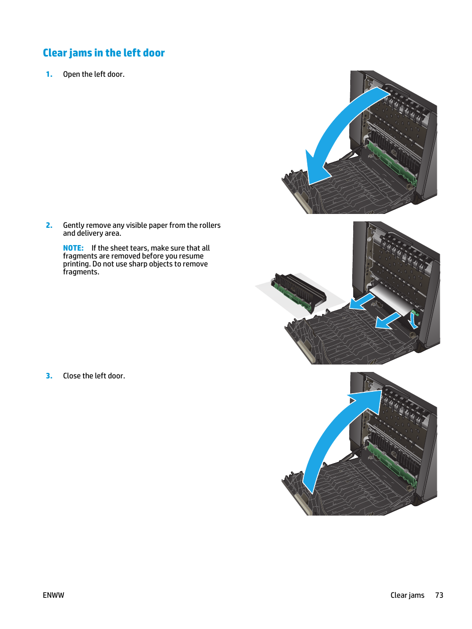 Clear jams in the left door | HP Officejet Enterprise Color X555 Printer series User Manual | Page 81 / 102