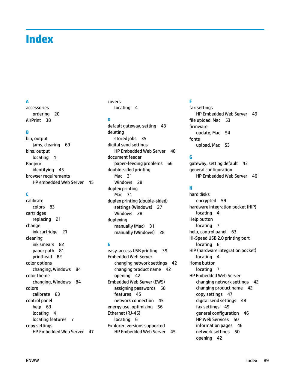 Index | HP Officejet Enterprise Color X555 Printer series User Manual | Page 97 / 102