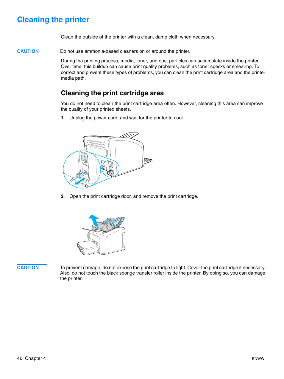Cleaning the printer, Cleaning the print cartridge area, Cleaning the | Printer | HP LaserJet 1015 Printer User Manual | Page 54 / 122